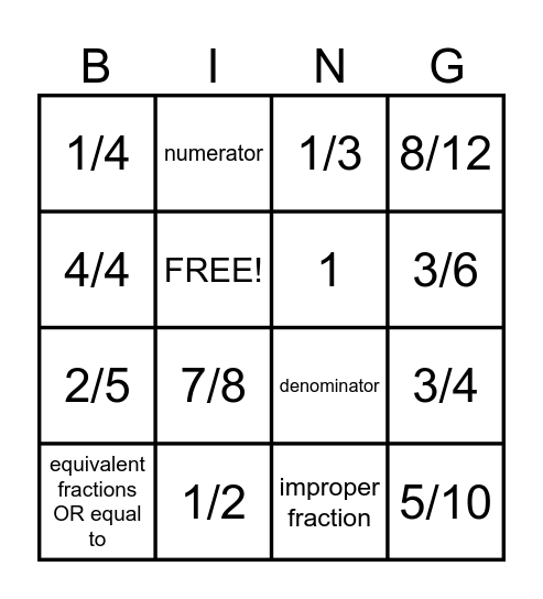 FRACTION BINGO!!! :) Bingo Card