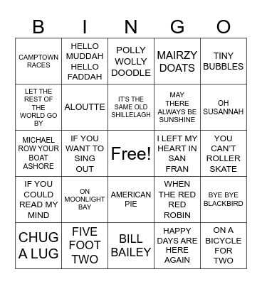 SONGS MY MOTHER SANG Bingo Card