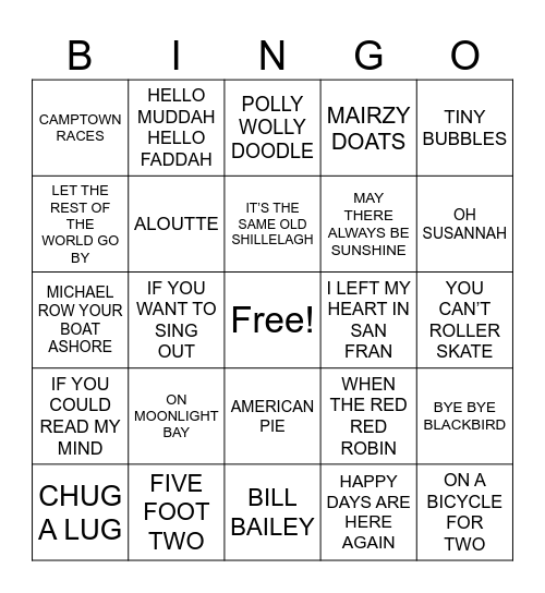 SONGS MY MOTHER SANG Bingo Card