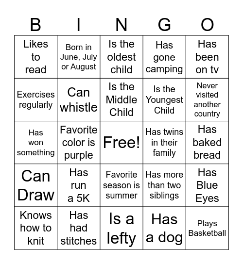 Get to Know You Bingo Card