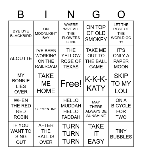 SONGS MY MOTHER SANG Bingo Card