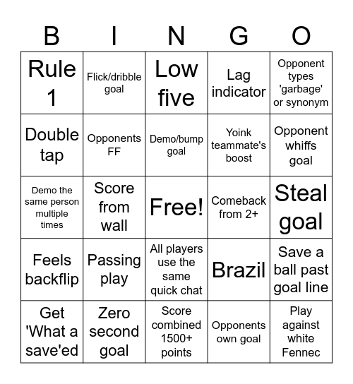 Rocket League Bingo Card