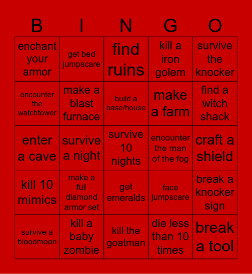 horror minecraft bingo Card