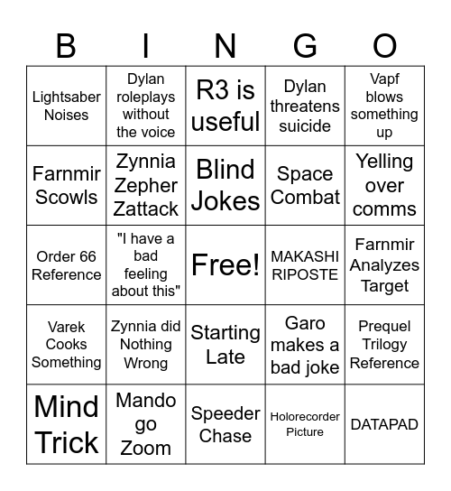 Star Wars Bingo Card