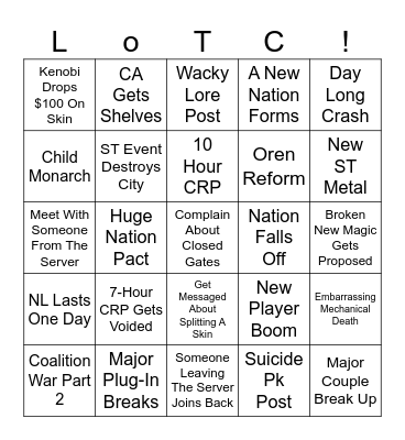 LoTC 2025 Bingo Card
