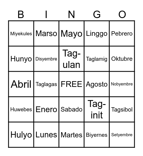 Mga Araw, Buwan at Panahon Bingo Card
