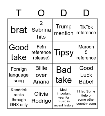Todd In The Shadows Best Of 2024 Bingo Card