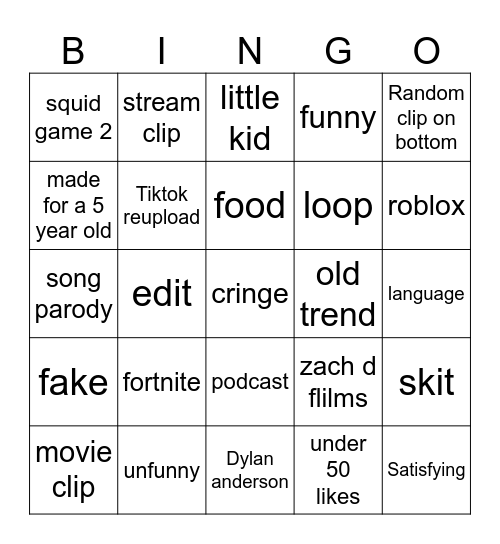 YT SHORTS BINGO Card