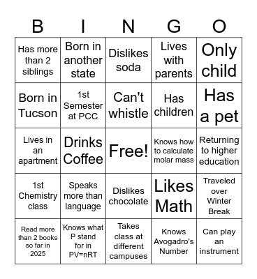 1st Day Bingo Card
