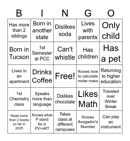 1st Day Bingo Card