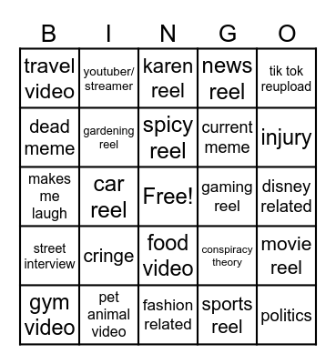 Instagram reel bingo Card