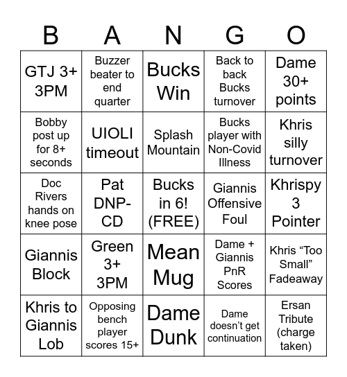 Milwaukee Bucks Bango Bingo Card
