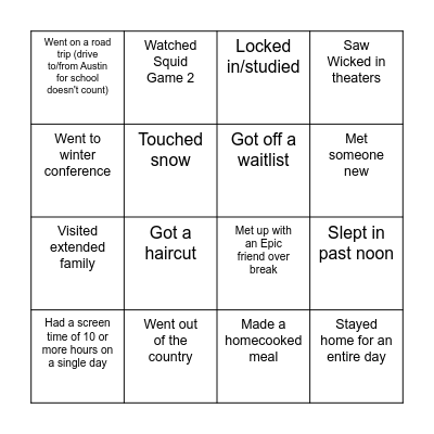 Epic Winter Break Bingo Card