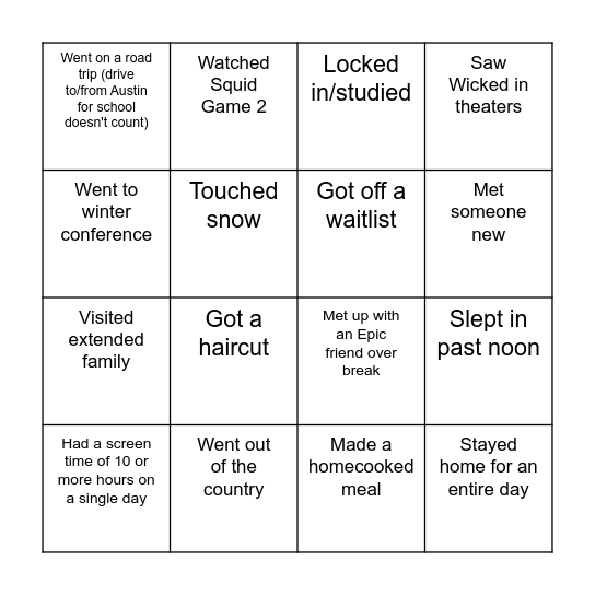 Epic Winter Break Bingo Card