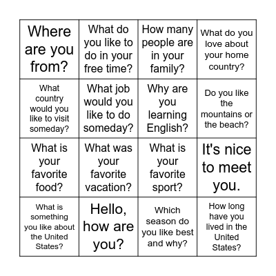 Get to Know You Questions Bingo Card