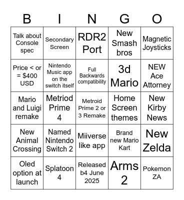 Switch 2 Reveal Bingo Card