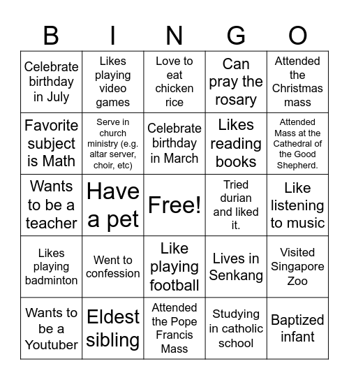 L4 Catechism Bingo Card
