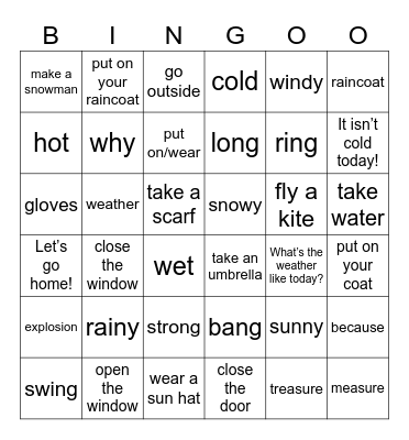 Unit 7: It isn't cold today! Bingo Card