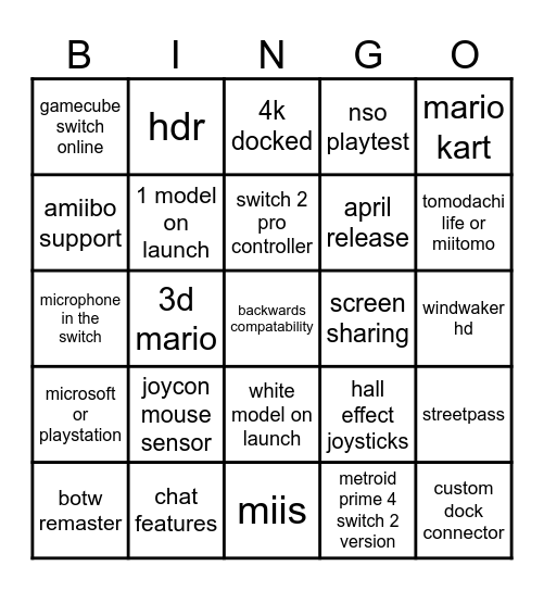 switch 2 bringo Bingo Card
