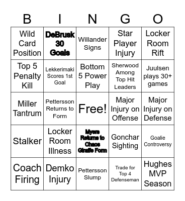24-25 Canucks Bingo Card Bingo Card