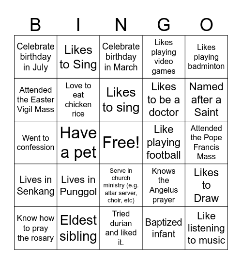 L4 Catechism Bingo Card