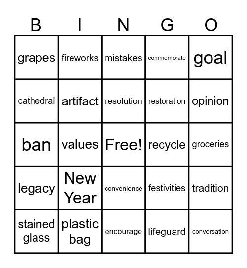 Miscellaneous Vocabulary Bingo Card
