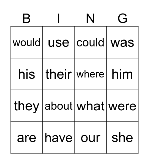 Sight Word Bingo Card