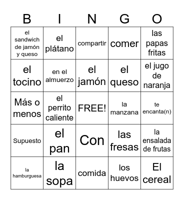 desayuno o almuerzo Bingo Card