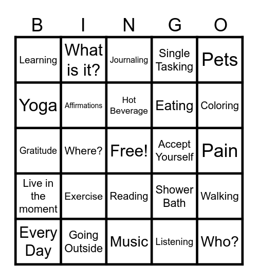 Mindfulness Bingo Card
