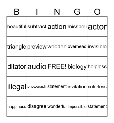 Affixes Bingo Card