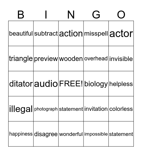Affixes Bingo Card