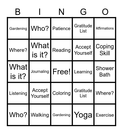 Mindfulness Bingo Card