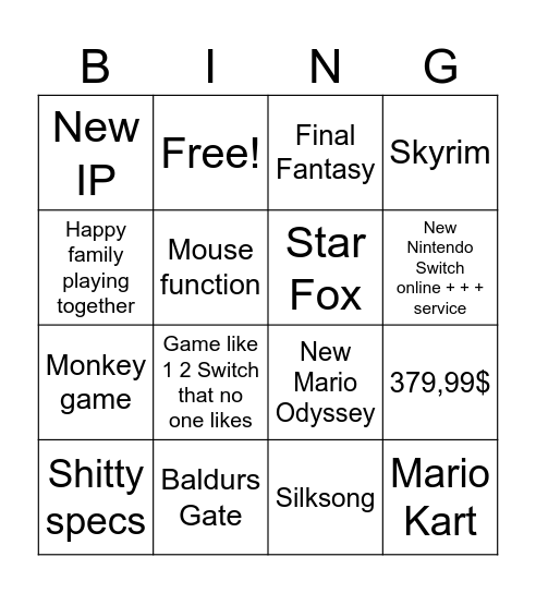 Switch2 Bingo Card