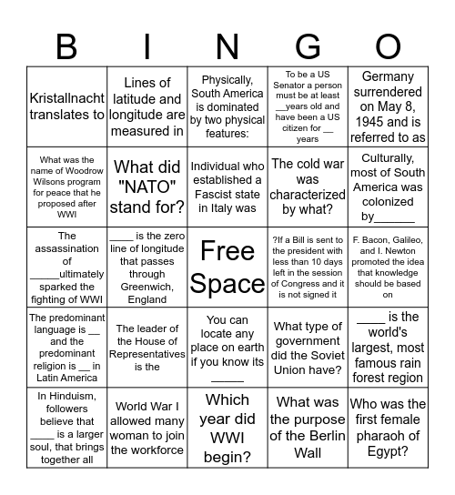 9th Grade Social Studies  Bingo Card