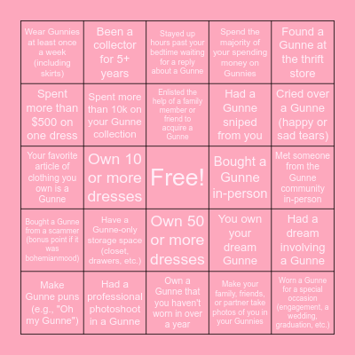 Gunne Collector Bingo Card