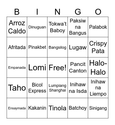 Pinoy Food Edition Bingo Card