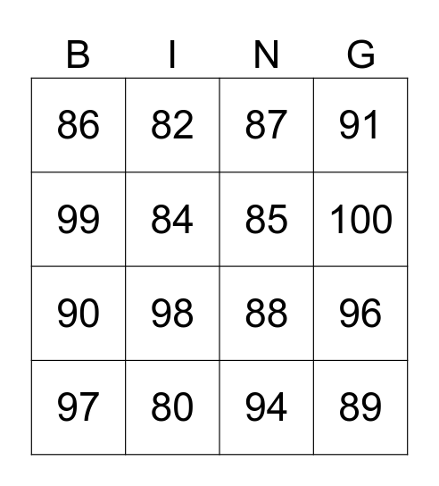 Numeros 80-100 Bingo Card