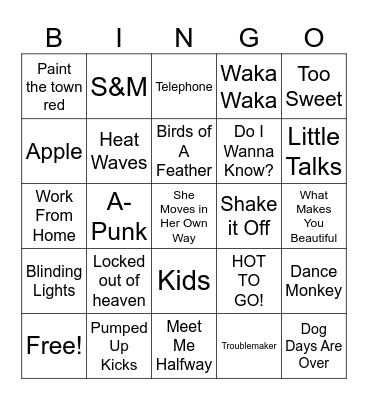 Pop/Indie Hits Bingo Card