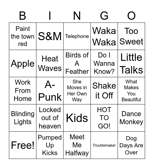 Pop/Indie Hits Bingo Card