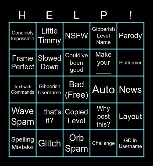 Geometry Dash Recent Tab Bingo Card
