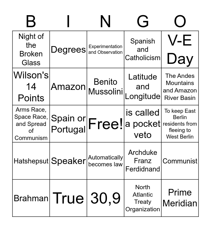 9th Grade Social Study Key Bingo Card