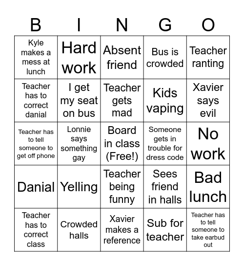 NCHS bingo Card