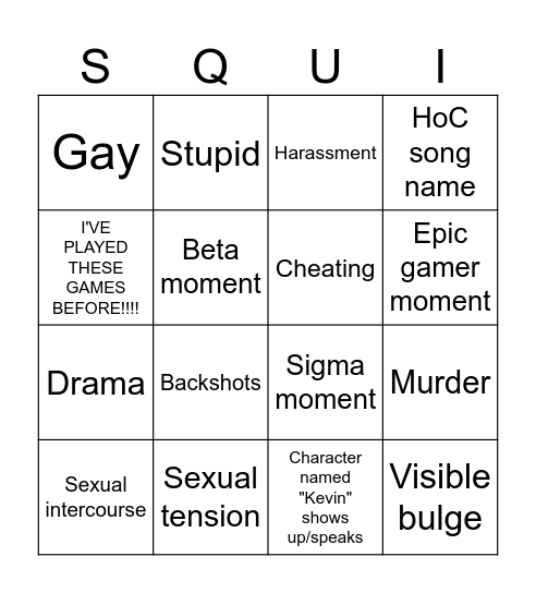 SQUIRT GAMES!!!! Bingo Card