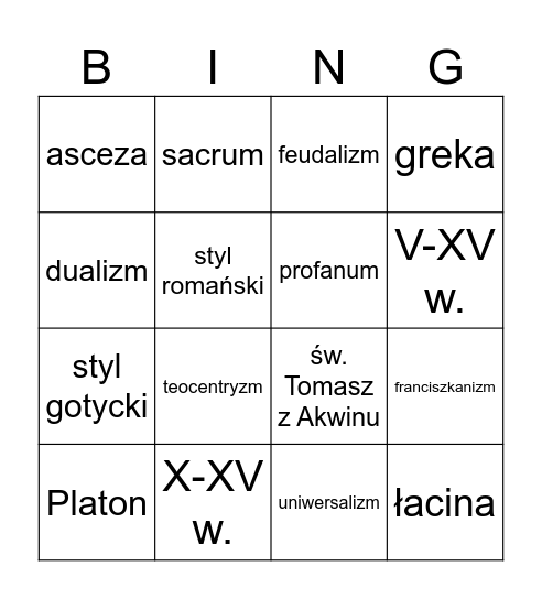 Średniowiecze Bingo Card