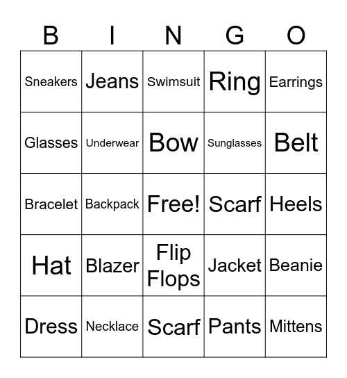 Clothes Bingo Card