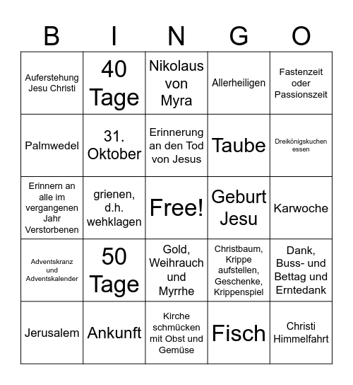 Christliche Feste Bingo Card