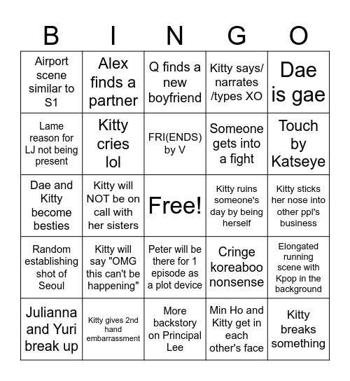 XO Kitty Season 2 Predictions Bingo Card
