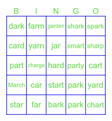 Phonics 'ar' words Bingo Card