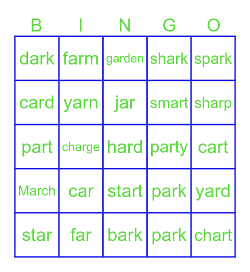Phonics 'ar' words Bingo Card