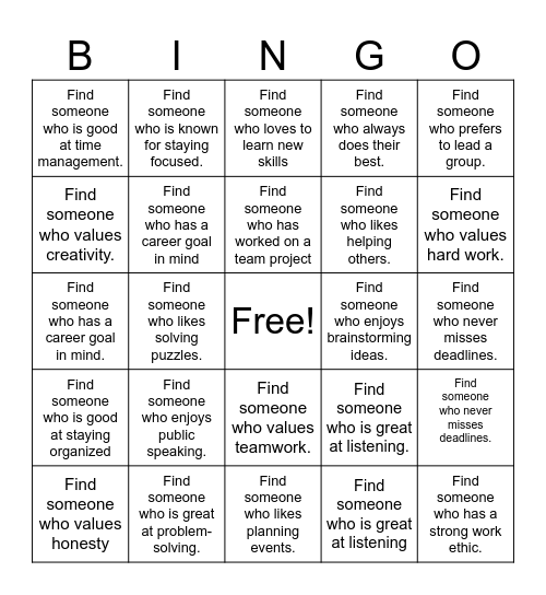 Find Your Team Bingo Card